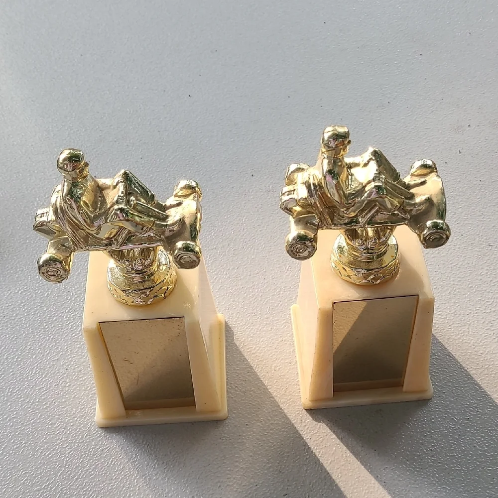 Vintage Gold Cream Go Kart Trophies Two Awards Blank‎ Front Plates